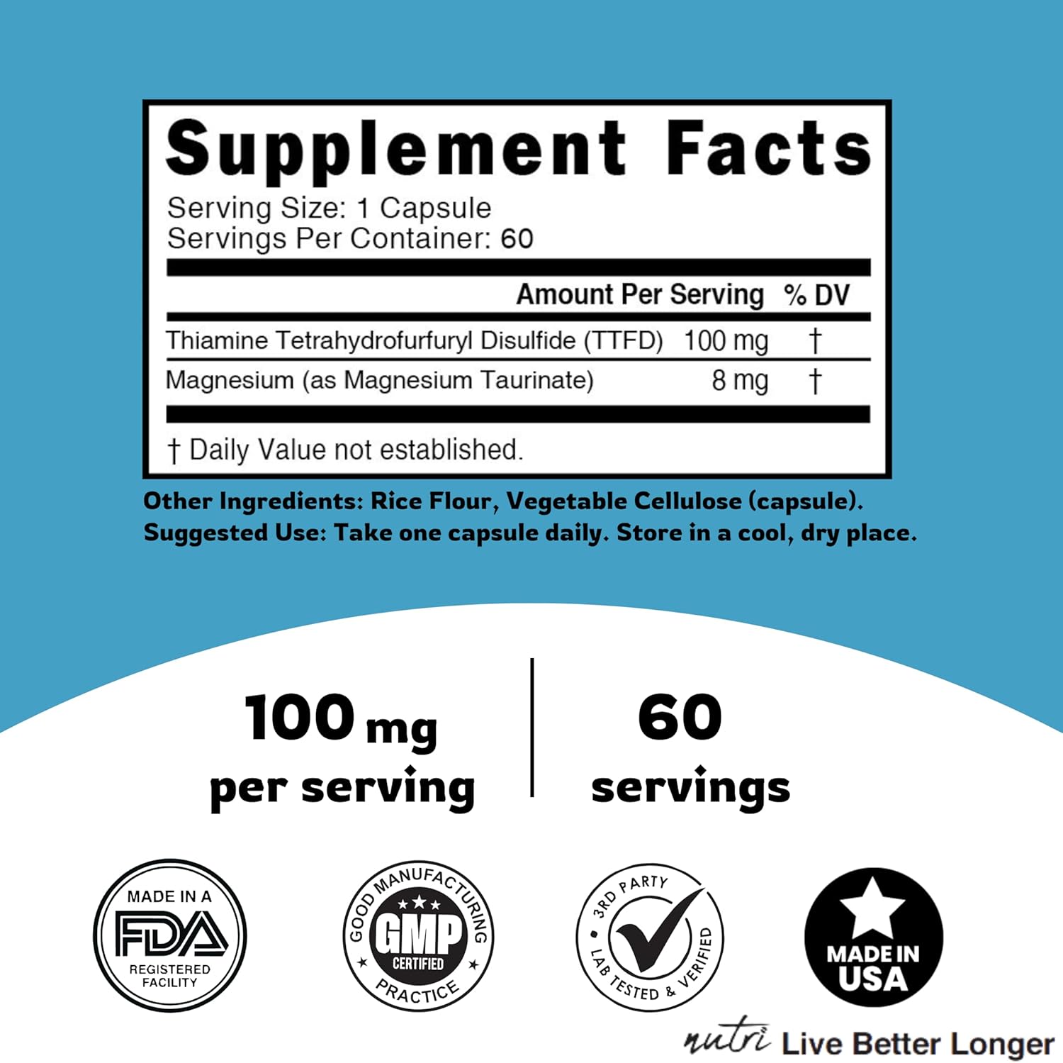 Organic TTFD Thiamine B1 Supplement - 100mg 60 Servings with 8mg Magnesium - No Fillers - Third Party Tested