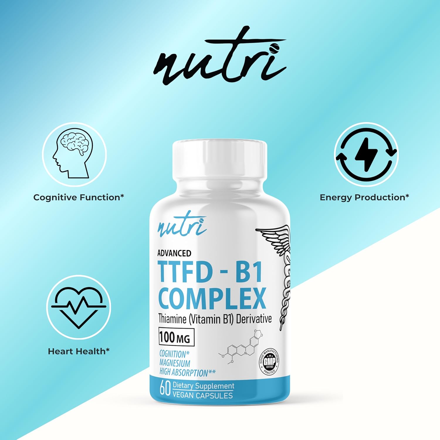 Organic TTFD Thiamine B1 Supplement - 100mg 60 Servings with 8mg Magnesium - No Fillers - Third Party Tested