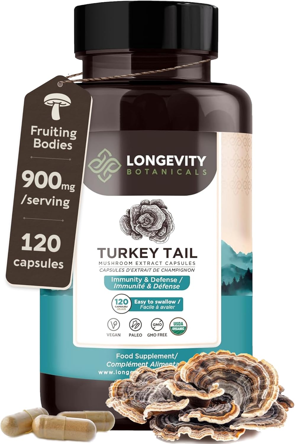 Organic Turkey Tail Mushroom Capsules - Ultra Concentrated Supplement for Immune and Digestive Health - 100% Fruiting Body - 120 Count