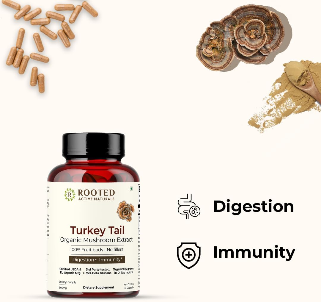 Organic Turkey Tail Mushroom Capsules for Heart Health, Stress Relief, Liver Support - 500 mg, 60 Veg Caps - USDA Certified, 35% Beta Glucans