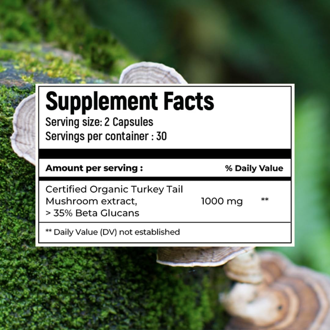 Organic Turkey Tail Mushroom Capsules for Heart Health, Stress Relief, Liver Support - 500 mg, 60 Veg Caps - USDA Certified, 35% Beta Glucans