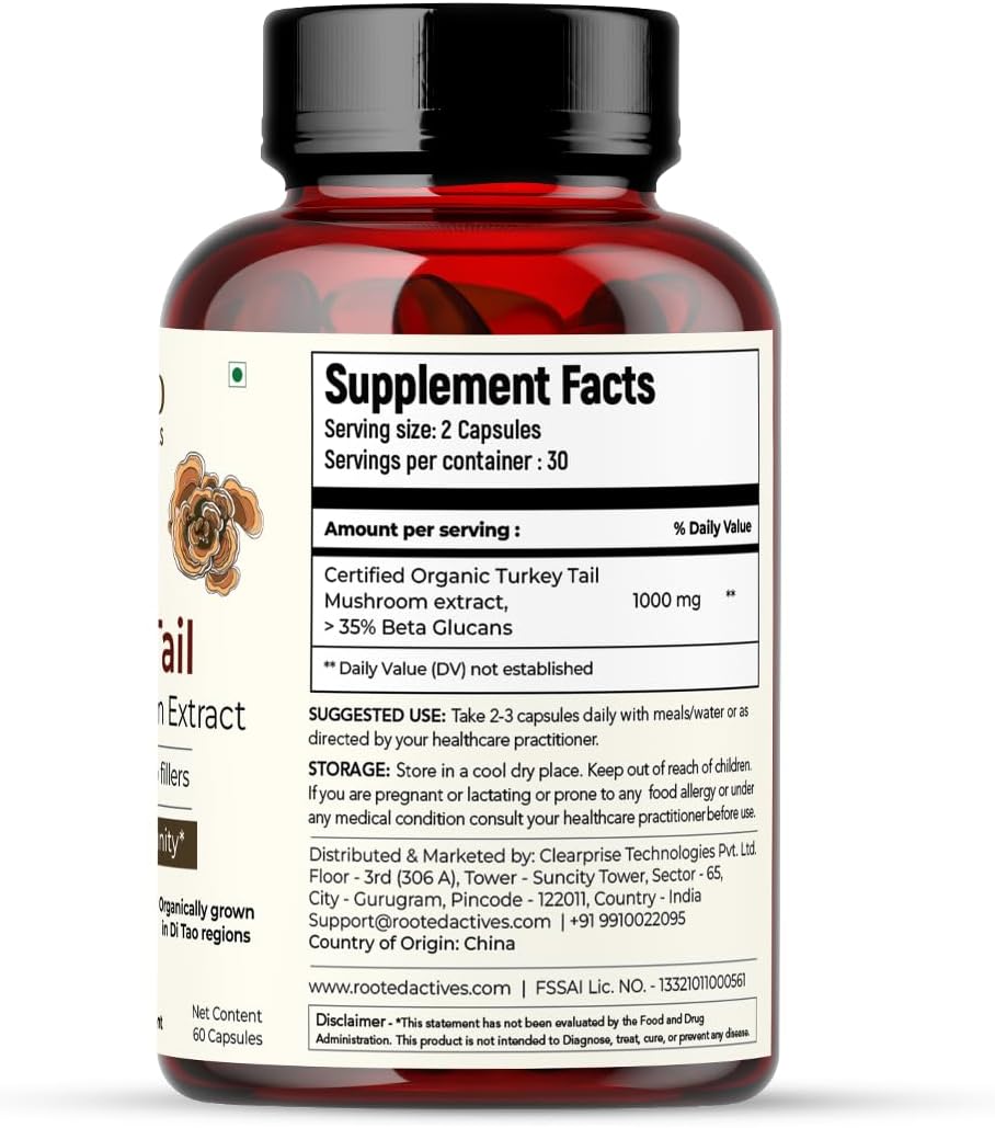 Organic Turkey Tail Mushroom Capsules for Heart Health, Stress Relief, Liver Support - 500 mg, 60 Veg Caps - USDA Certified, 35% Beta Glucans