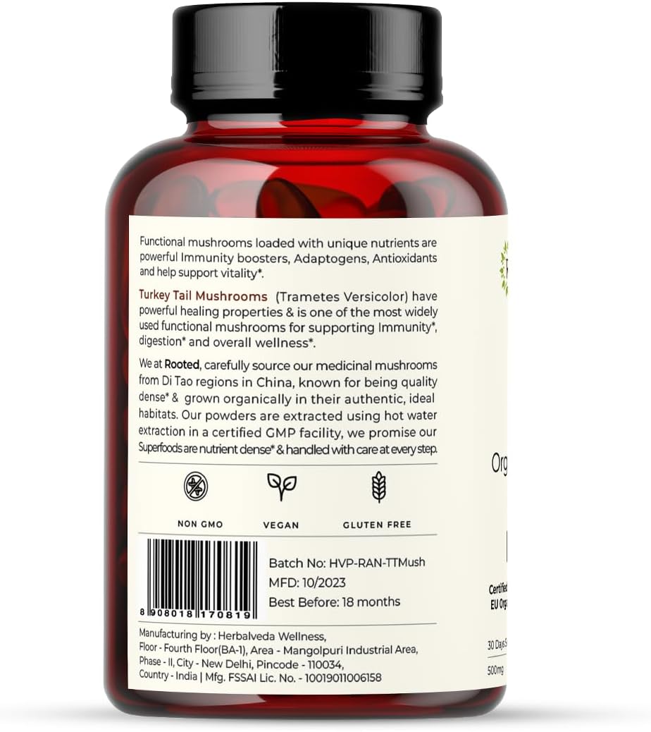 Organic Turkey Tail Mushroom Capsules for Heart Health, Stress Relief, Liver Support - 500 mg, 60 Veg Caps - USDA Certified, 35% Beta Glucans