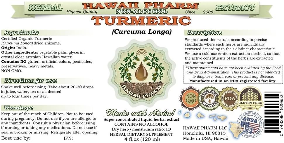 Organic Turmeric Alcohol-Free Liquid Extract 2 fl.oz - USA Made Herbal Supplement by Hawaii Pharm