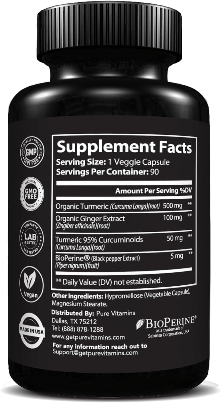 Organic Turmeric and Ginger Supplements - 90 Capsules | Joint Support & Digestive Health | Enhanced with Black Pepper Extract | Non-GMO Vegan Formula