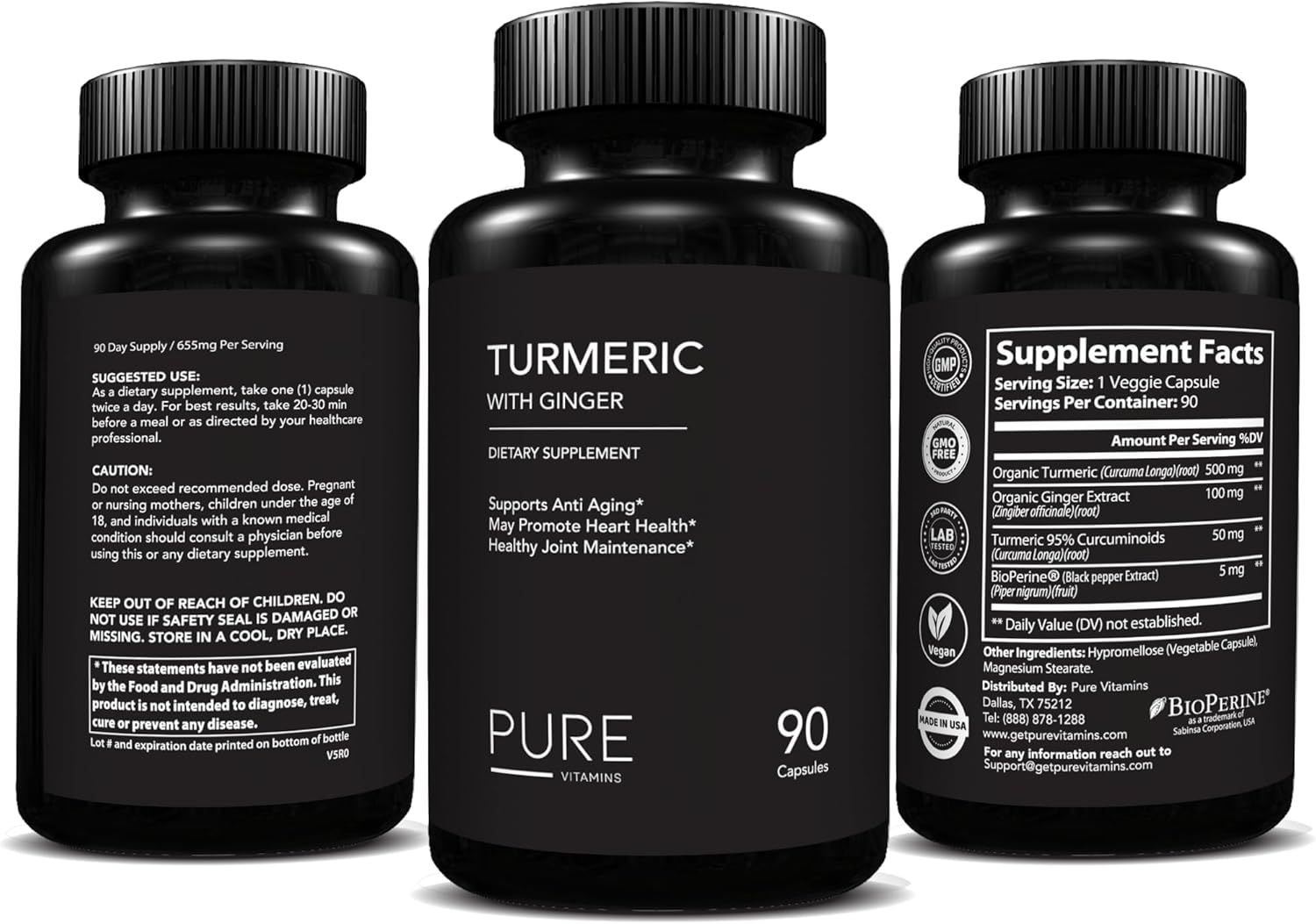 Organic Turmeric and Ginger Supplements - 90 Capsules | Joint Support & Digestive Health | Enhanced with Black Pepper Extract | Non-GMO Vegan Formula