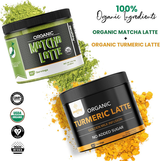 Organic Turmeric and Matcha Powder Wellness Duo - Vegan, Keto, No Added Sugar - 45 Servings