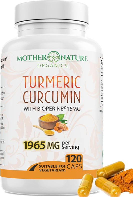 Organic Turmeric Capsules with BioPerine for Joint Support - 1965mg High-Potency with 95% Curcuminoids - Vegan, Non-GMO - Mother Nature Organics