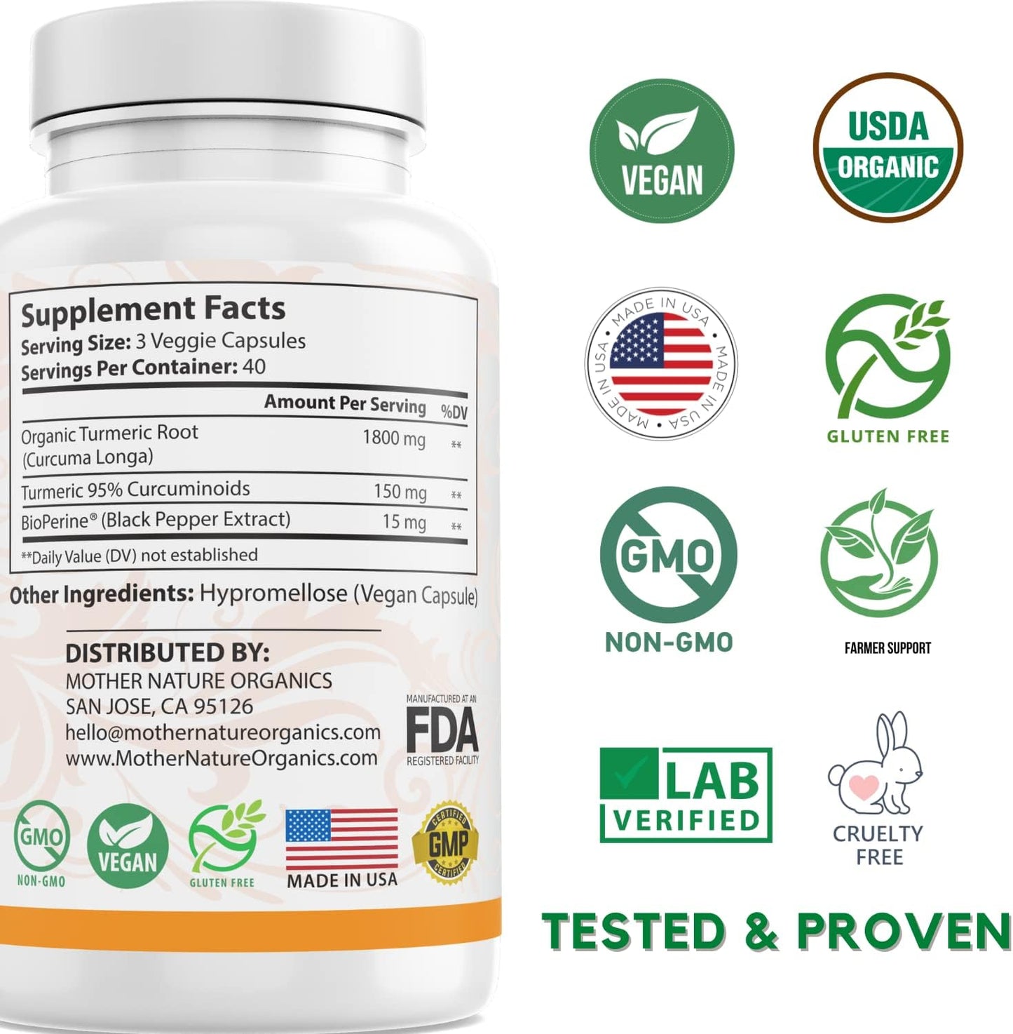 Organic Turmeric Capsules with BioPerine for Joint Support - 1965mg High-Potency with 95% Curcuminoids - Vegan, Non-GMO - Mother Nature Organics