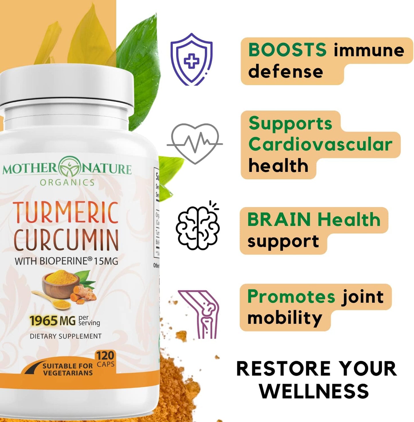 Organic Turmeric Capsules with BioPerine for Joint Support - 1965mg High-Potency with 95% Curcuminoids - Vegan, Non-GMO - Mother Nature Organics