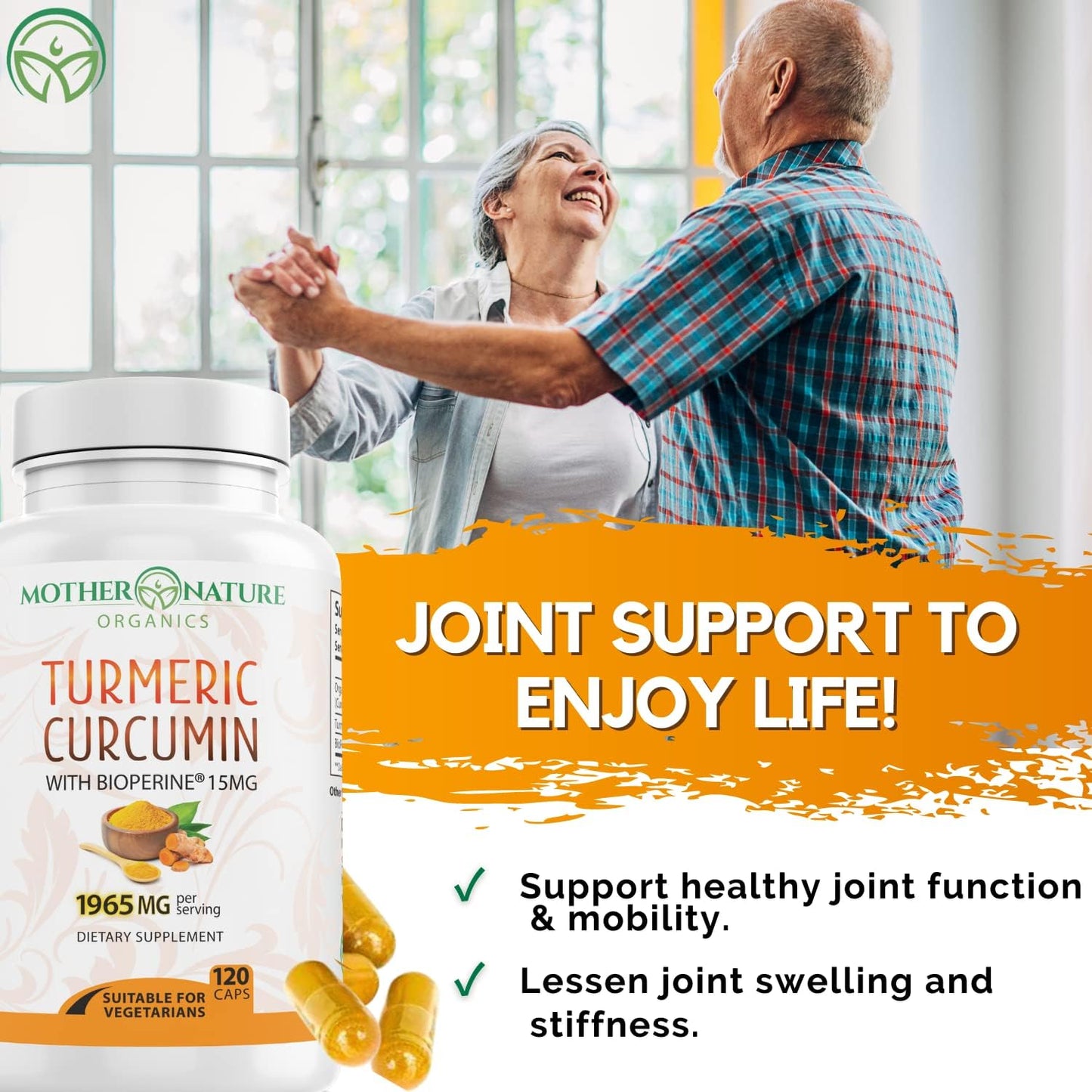 Organic Turmeric Capsules with BioPerine for Joint Support - 1965mg High-Potency with 95% Curcuminoids - Vegan, Non-GMO - Mother Nature Organics