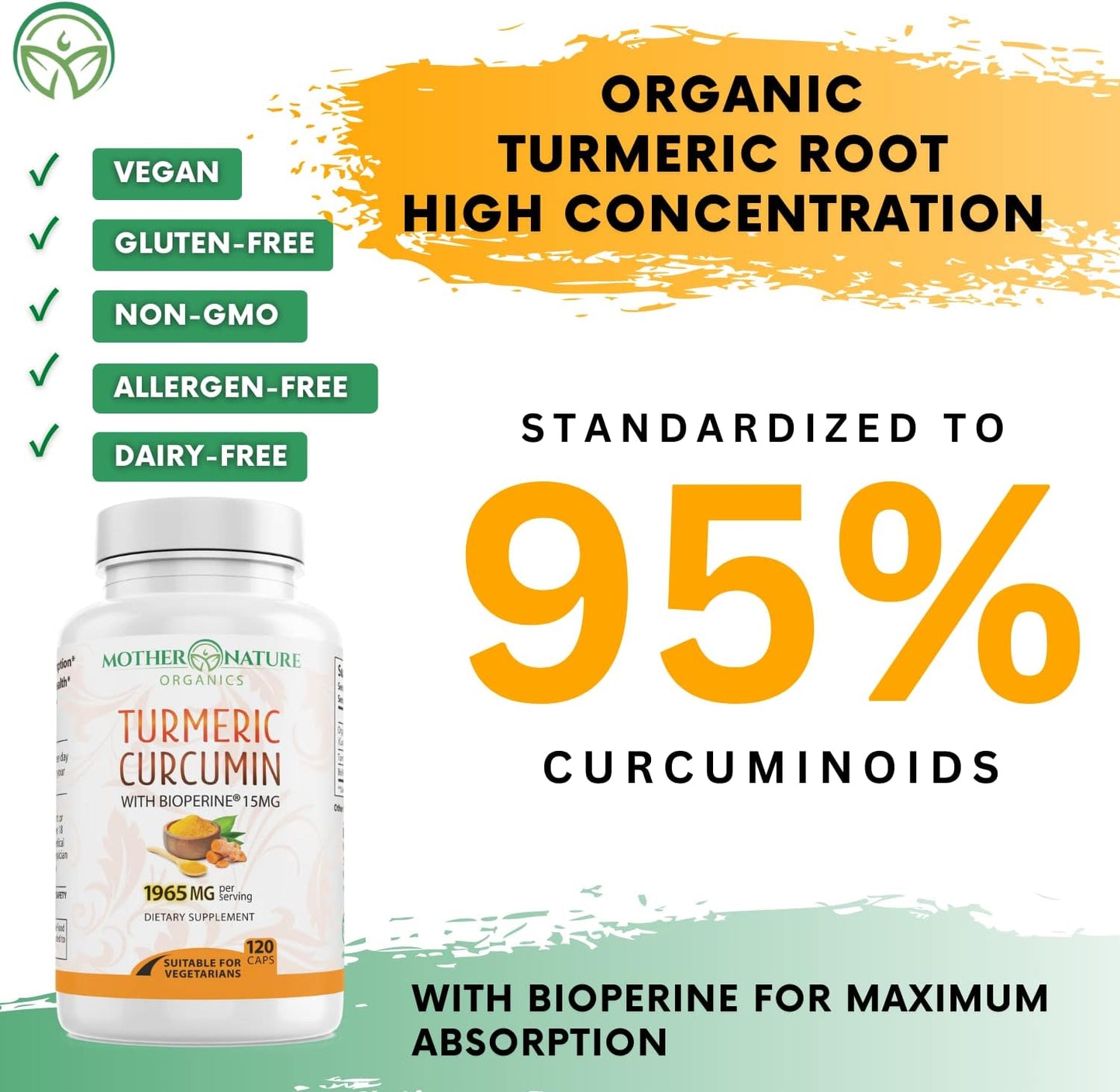 Organic Turmeric Capsules with BioPerine for Joint Support - 1965mg High-Potency with 95% Curcuminoids - Vegan, Non-GMO - Mother Nature Organics
