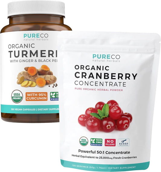 Organic Turmeric & Cranberry Bundle - 3 Month Supply (120 Capsules Turmeric Curcumin with Black Pepper & Ginger + 100 Scoops Cranberry Concentrate Powder Extract)