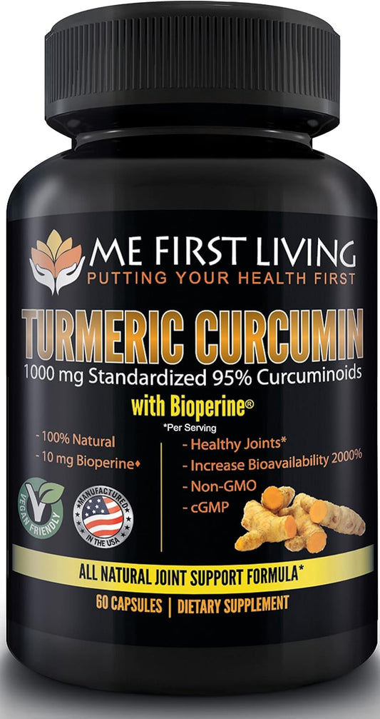 Organic Turmeric Curcumin 1000mg with Bioperine, 95% Curcuminoids, Enhanced Absorption, Non-GMO, Vegan, Gluten Free - 60 Capsules