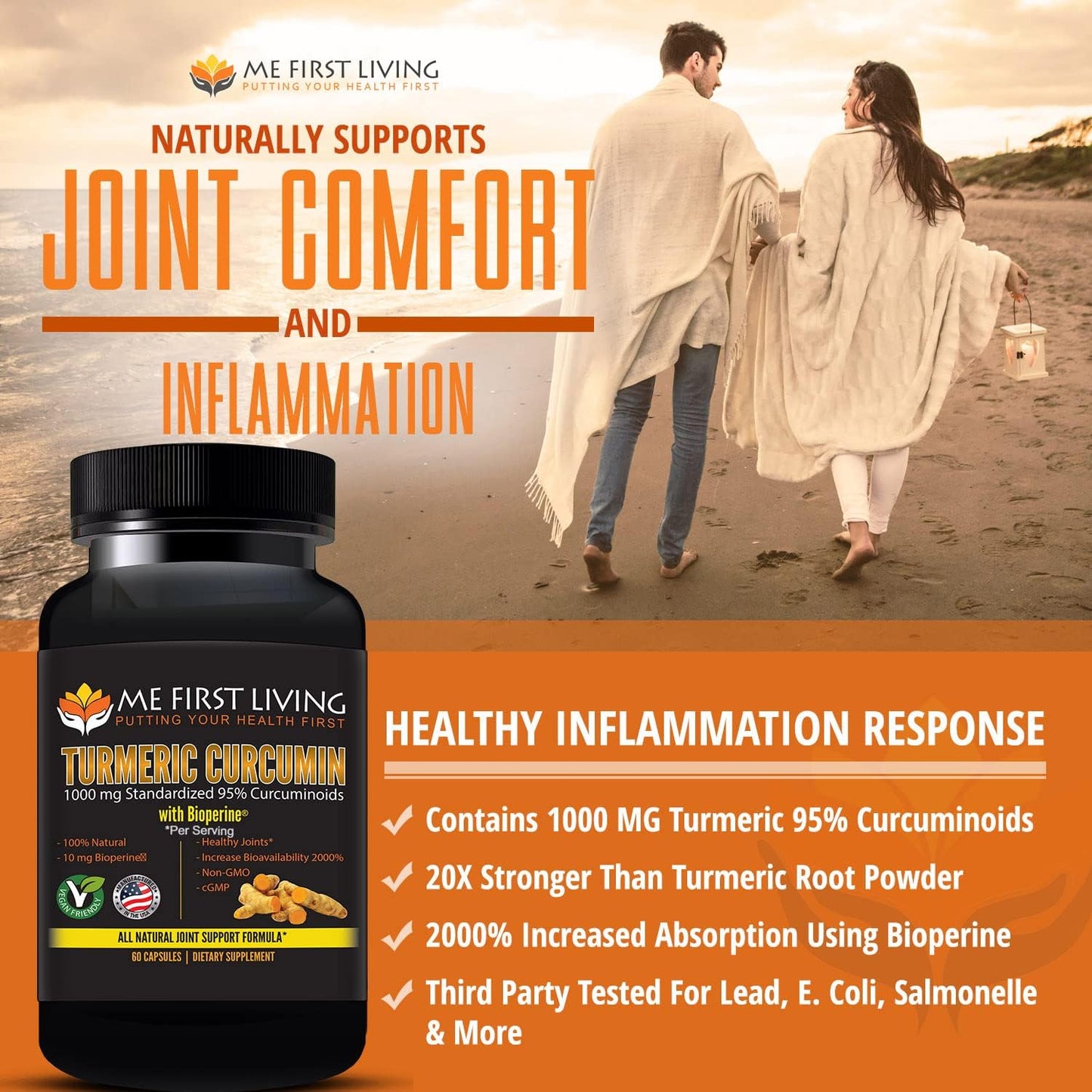 Organic Turmeric Curcumin 1000mg with Bioperine, 95% Curcuminoids, Enhanced Absorption, Non-GMO, Vegan, Gluten Free - 60 Capsules