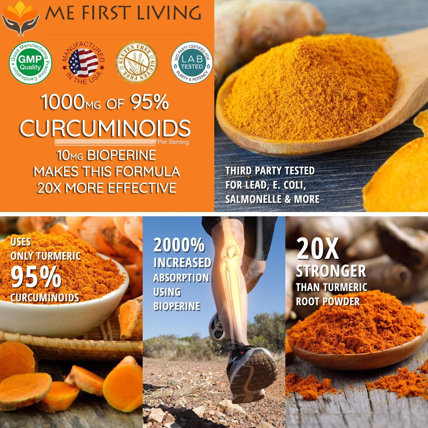 Organic Turmeric Curcumin 1000mg with Bioperine, 95% Curcuminoids, Enhanced Absorption, Non-GMO, Vegan, Gluten Free - 60 Capsules