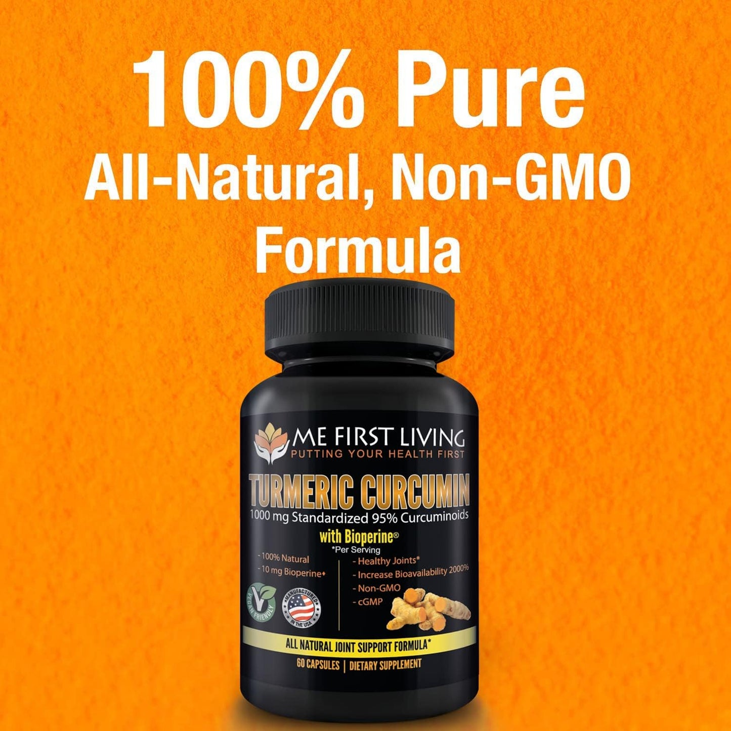 Organic Turmeric Curcumin 1000mg with Bioperine, 95% Curcuminoids, Enhanced Absorption, Non-GMO, Vegan, Gluten Free - 60 Capsules