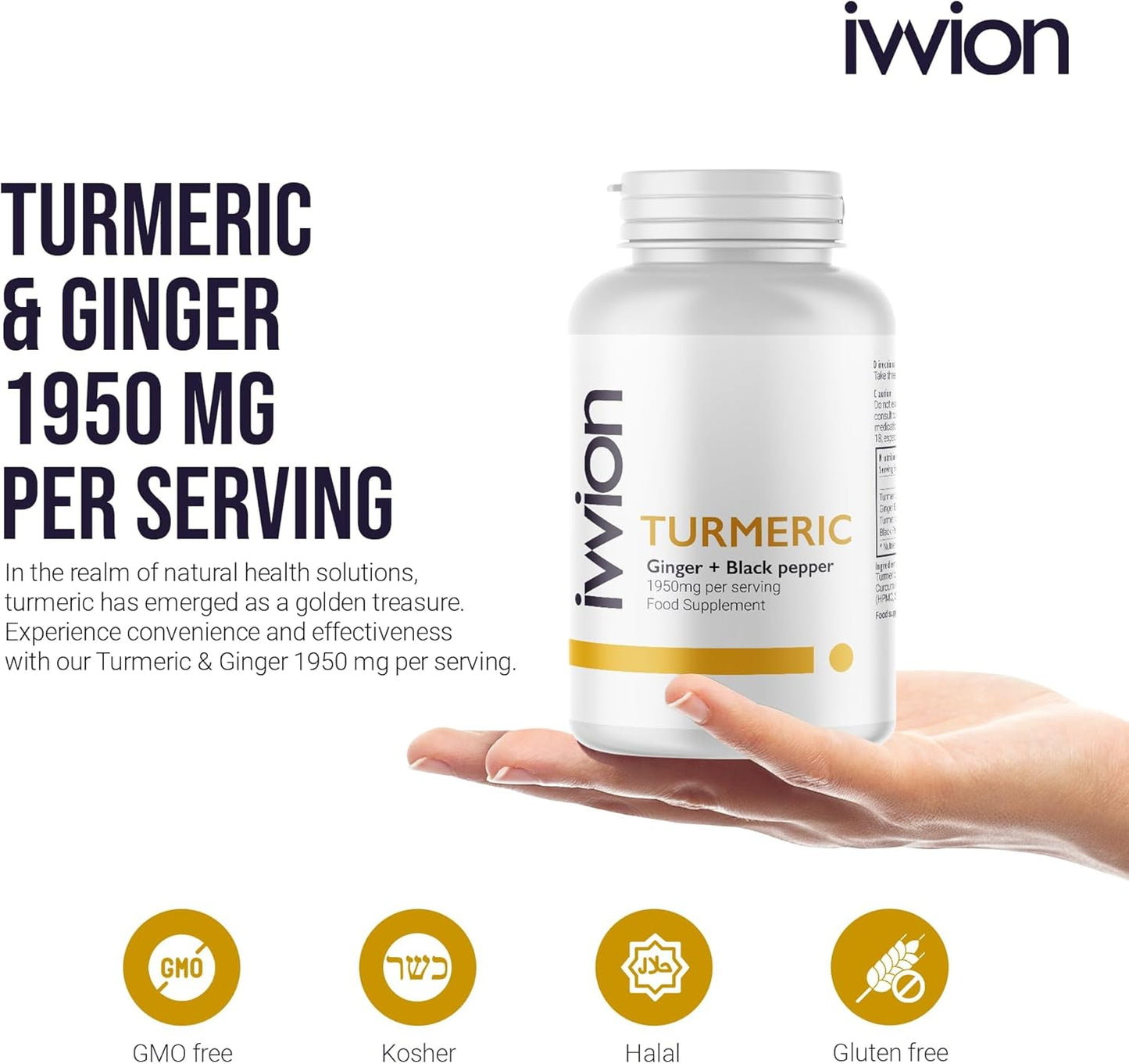 Organic Turmeric Curcumin 1950mg with Black Pepper and Ginger - 95% Standardized Curcuminoids - Skin & Joint Support - Halal, Kosher - 120 Capsules