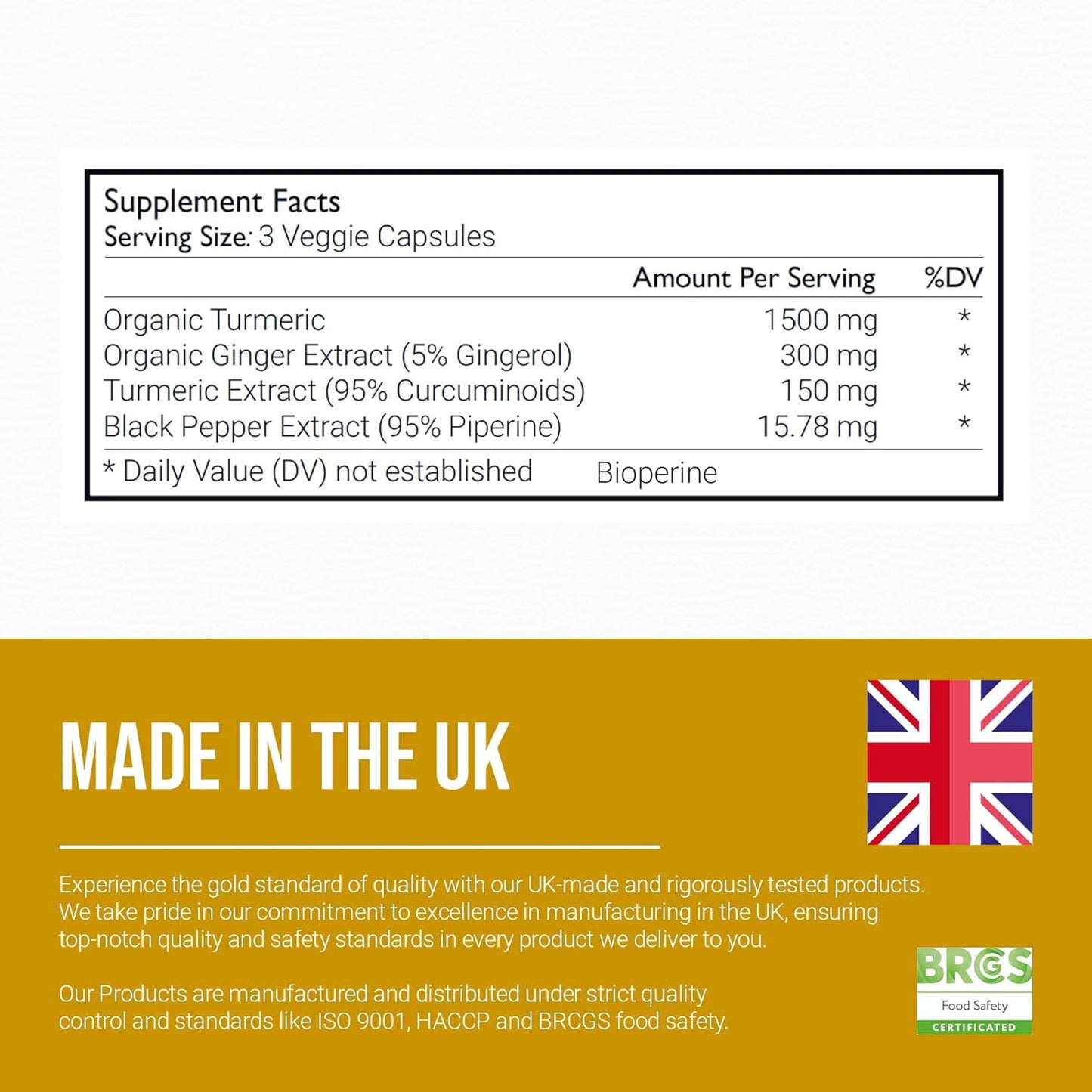 Organic Turmeric Curcumin 1950mg with Black Pepper and Ginger - 95% Standardized Curcuminoids - Skin & Joint Support - Halal, Kosher - 120 Capsules
