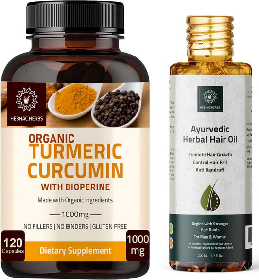 Organic Turmeric Curcumin Capsules & Ayurvedic Herbal Hair Oil by Hebhac Herbs