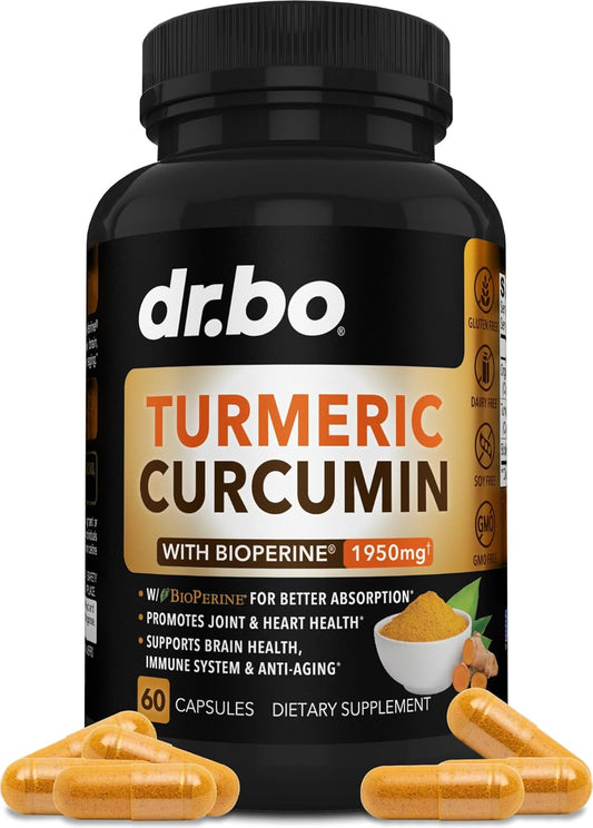 Organic Turmeric Curcumin Capsules with BioPerine - 1950mg Pure Curcuma Longa & Black Pepper Extract - 60 Supplement Pills for Support