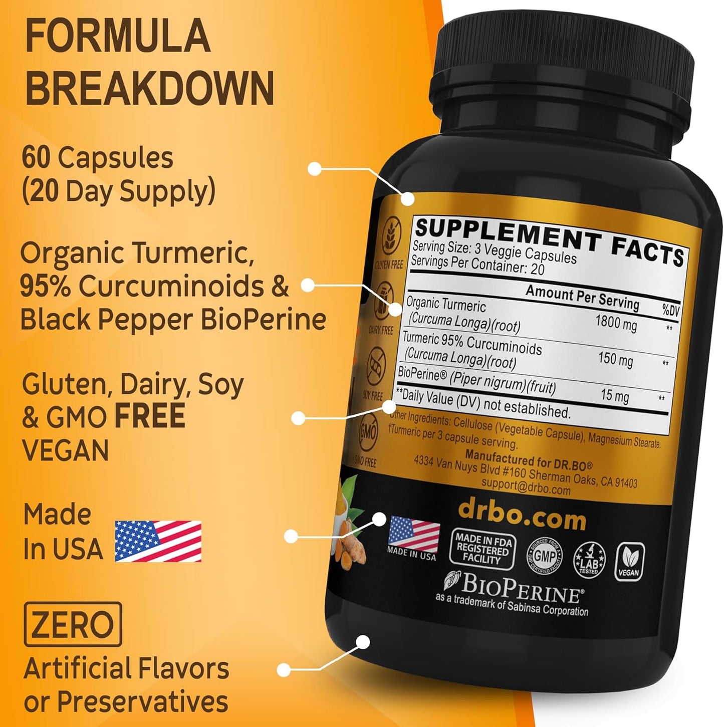 Organic Turmeric Curcumin Capsules with BioPerine - 1950mg Pure Curcuma Longa & Black Pepper Extract - 60 Supplement Pills for Support