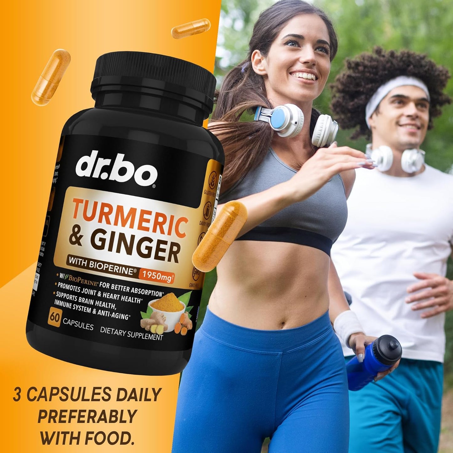 Organic Turmeric Curcumin Capsules with BioPerine - 1950mg Pure Curcuma Longa & Black Pepper Extract - 60 Supplement Pills for Support
