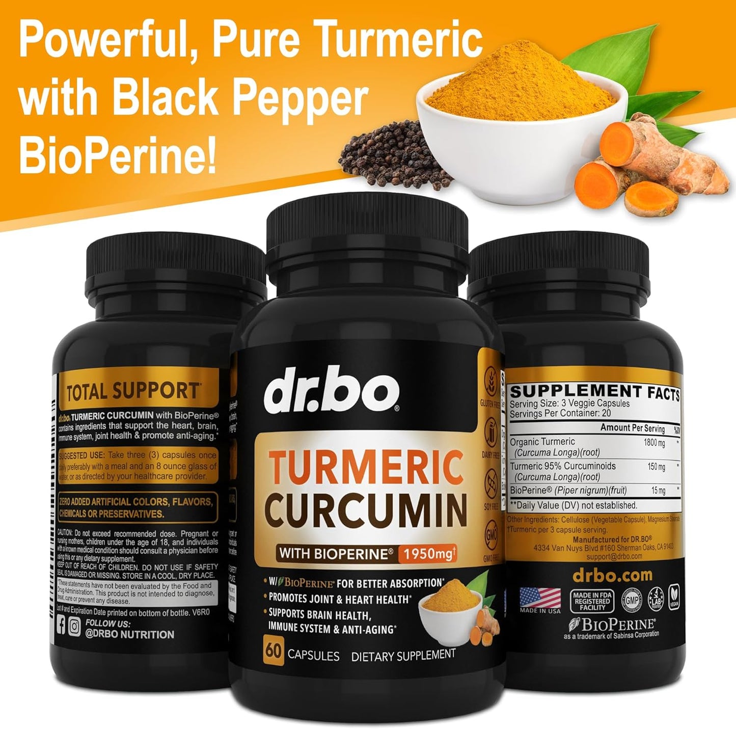 Organic Turmeric Curcumin Capsules with BioPerine - 1950mg Pure Curcuma Longa & Black Pepper Extract - 60 Supplement Pills for Support