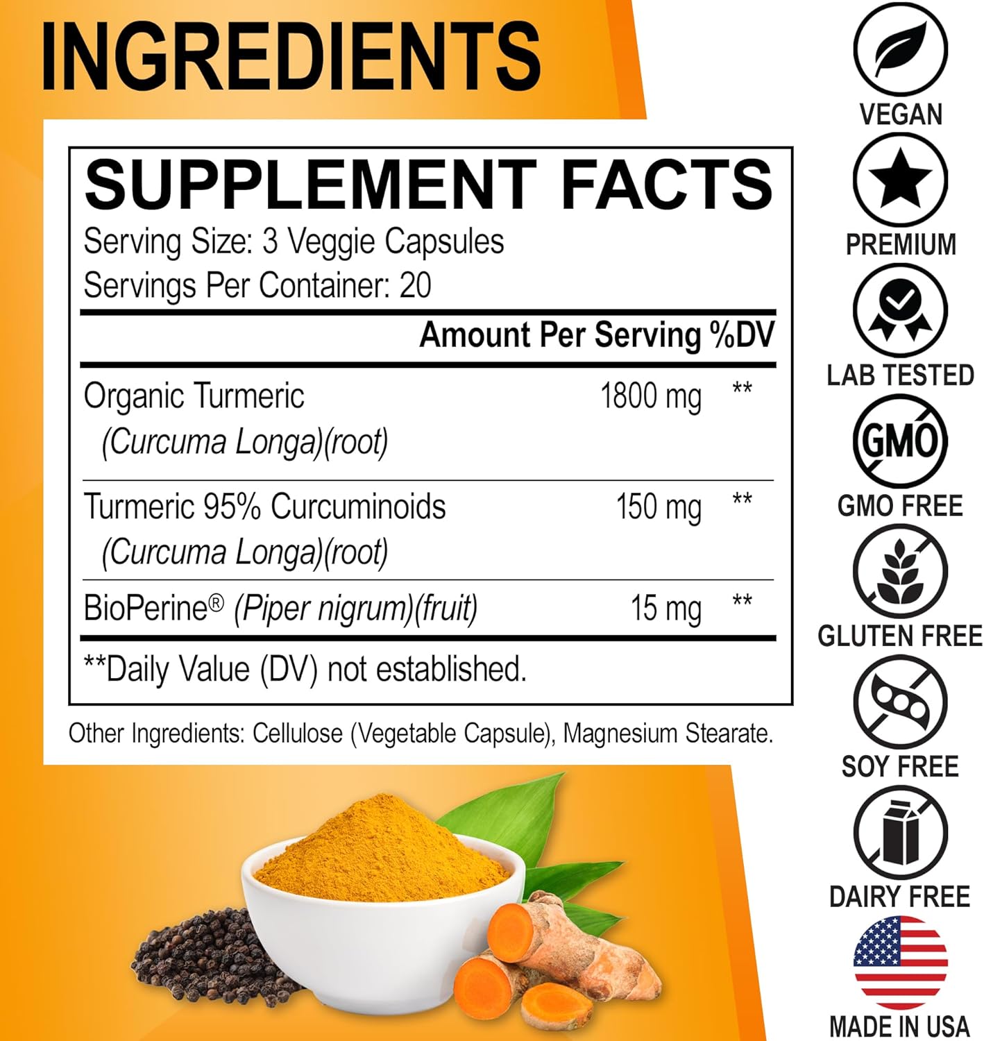 Organic Turmeric Curcumin Capsules with BioPerine - 1950mg Pure Curcuma Longa & Black Pepper Extract - 60 Supplement Pills for Support