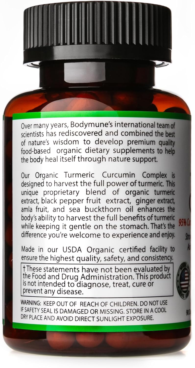 Organic Turmeric Curcumin Capsules with Sea Buckthorn Oil, Amla, Ginger, and Piperine - Vegan Non-GMO Formula for Sensitive Stomachs