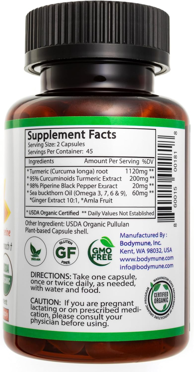 Organic Turmeric Curcumin Capsules with Sea Buckthorn Oil, Amla, Ginger, and Piperine - Vegan Non-GMO Formula for Sensitive Stomachs