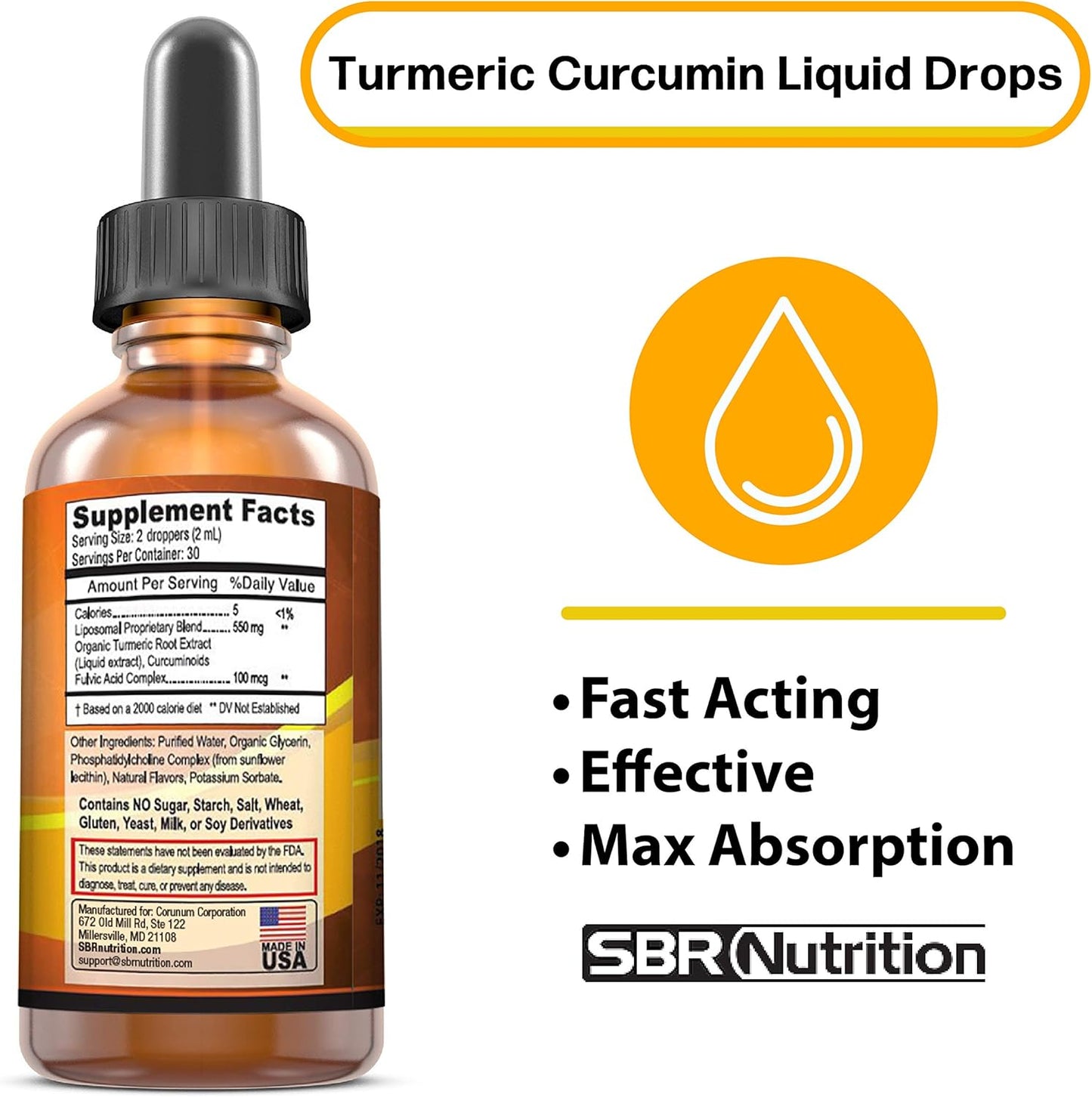 Organic Turmeric Curcumin Drops for Joint and Back Support | High Absorption Liquid Supplement with Fulvic Acid | Vegan, Non-GMO, Made in USA