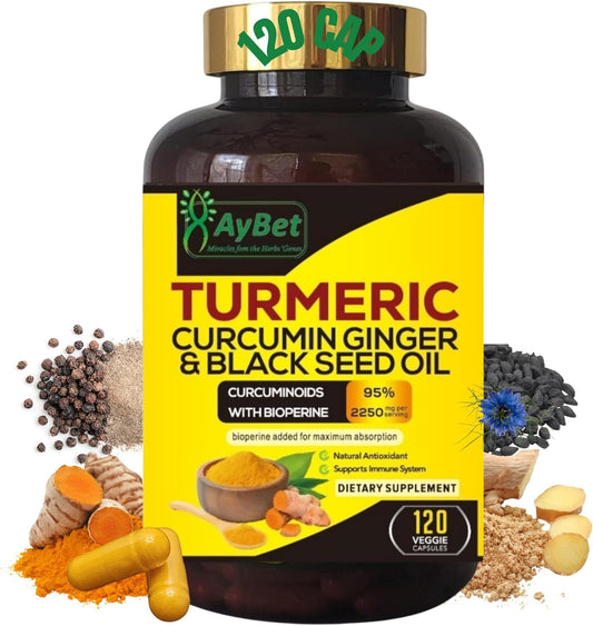 Organic Turmeric Curcumin Ginger Black Seed Oil Capsules 2250mg - 95% Curcuminoids with BioPerin for Immune & Joint Support - 120 Halal Vegan Pills