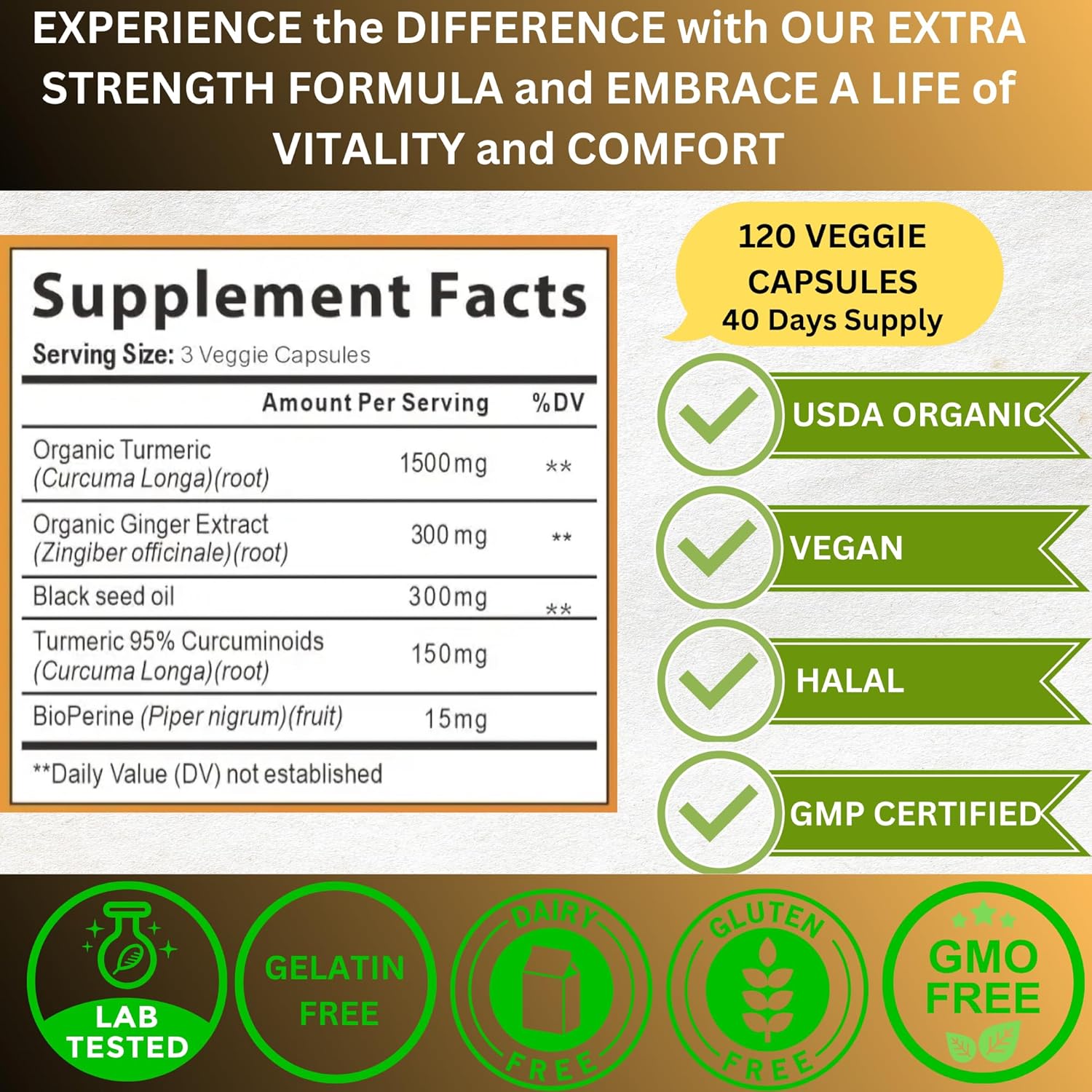 Organic Turmeric Curcumin Ginger Black Seed Oil Capsules 2250mg - 95% Curcuminoids with BioPerin for Immune & Joint Support - 120 Halal Vegan Pills