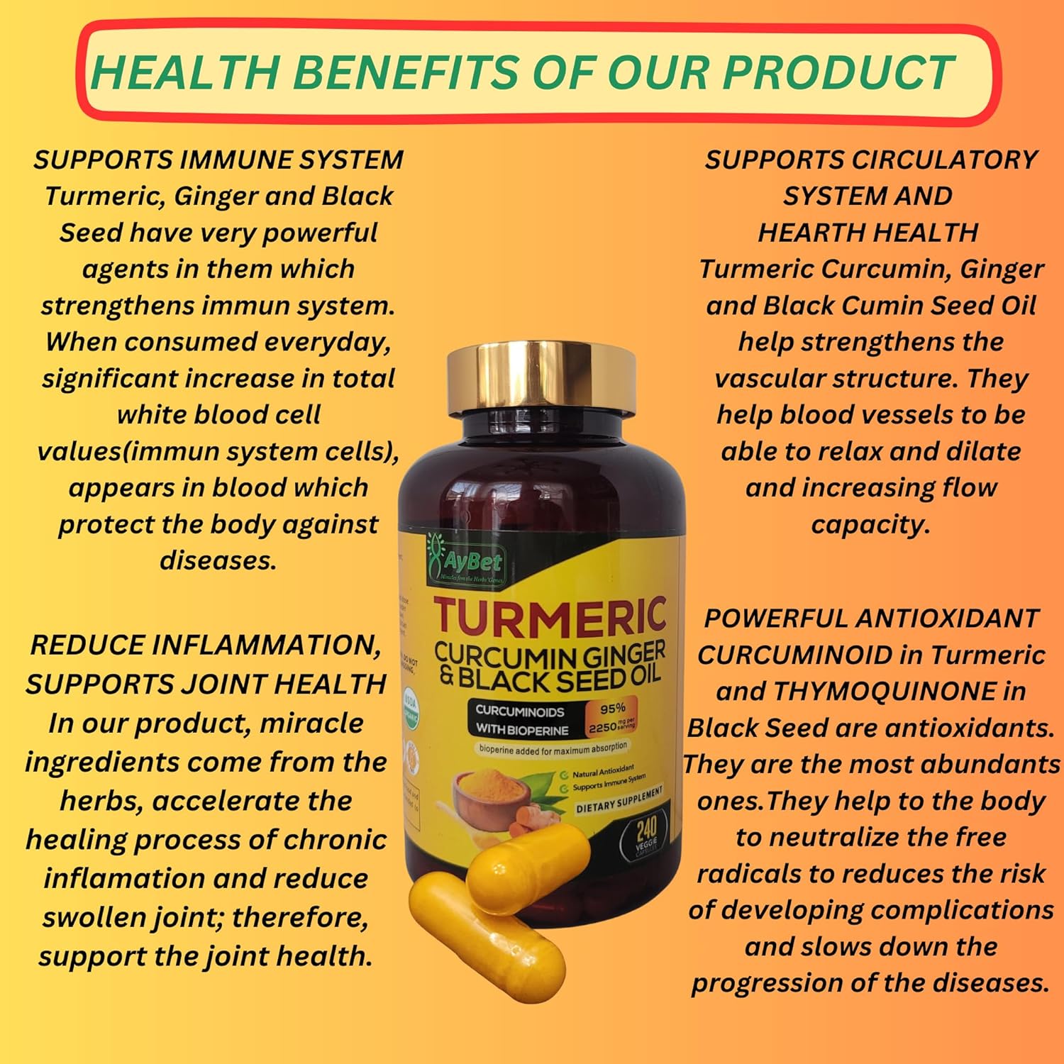 Organic Turmeric Curcumin Ginger Black Seed Oil Capsules 2250mg - 95% Curcuminoids with BioPerin for Immune & Joint Support - 120 Halal Vegan Pills