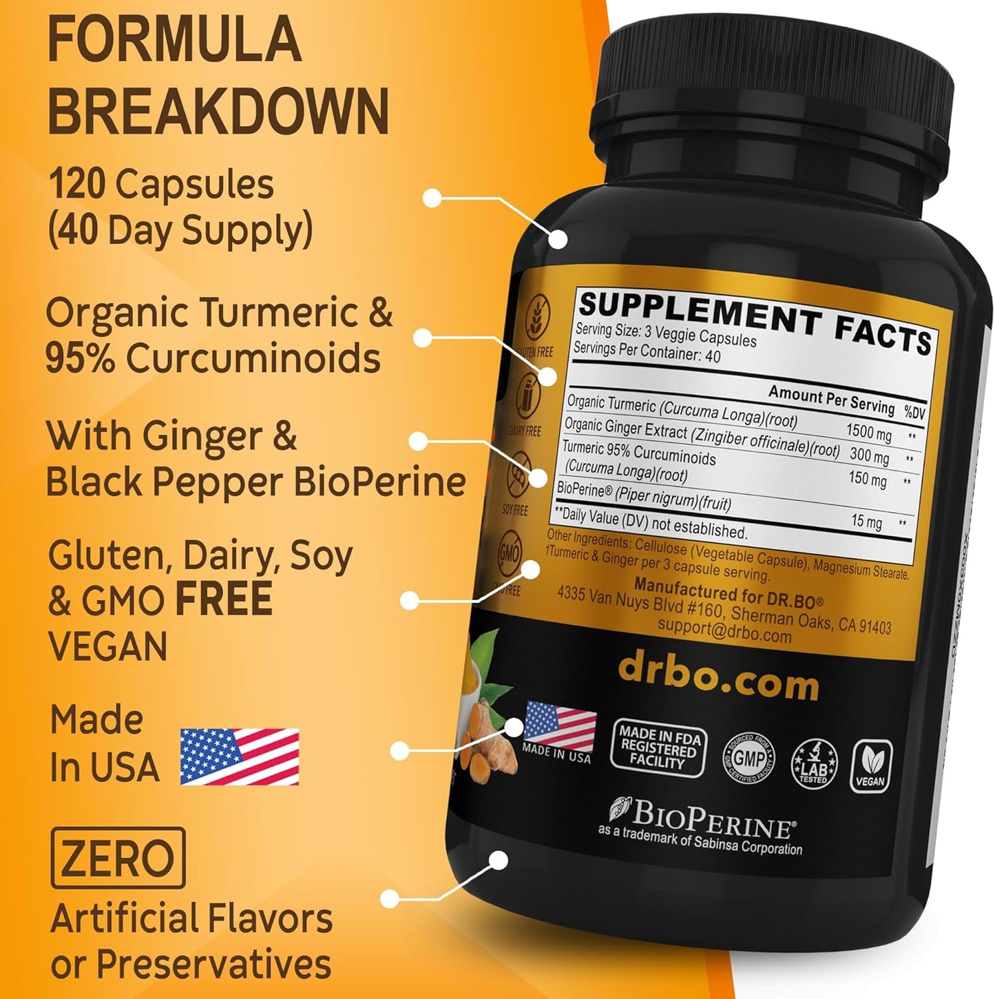 Organic Turmeric Curcumin & Ginger Supplement with BioPerine for Knee Support - 1950mg Capsules with Black Pepper - 120 Count