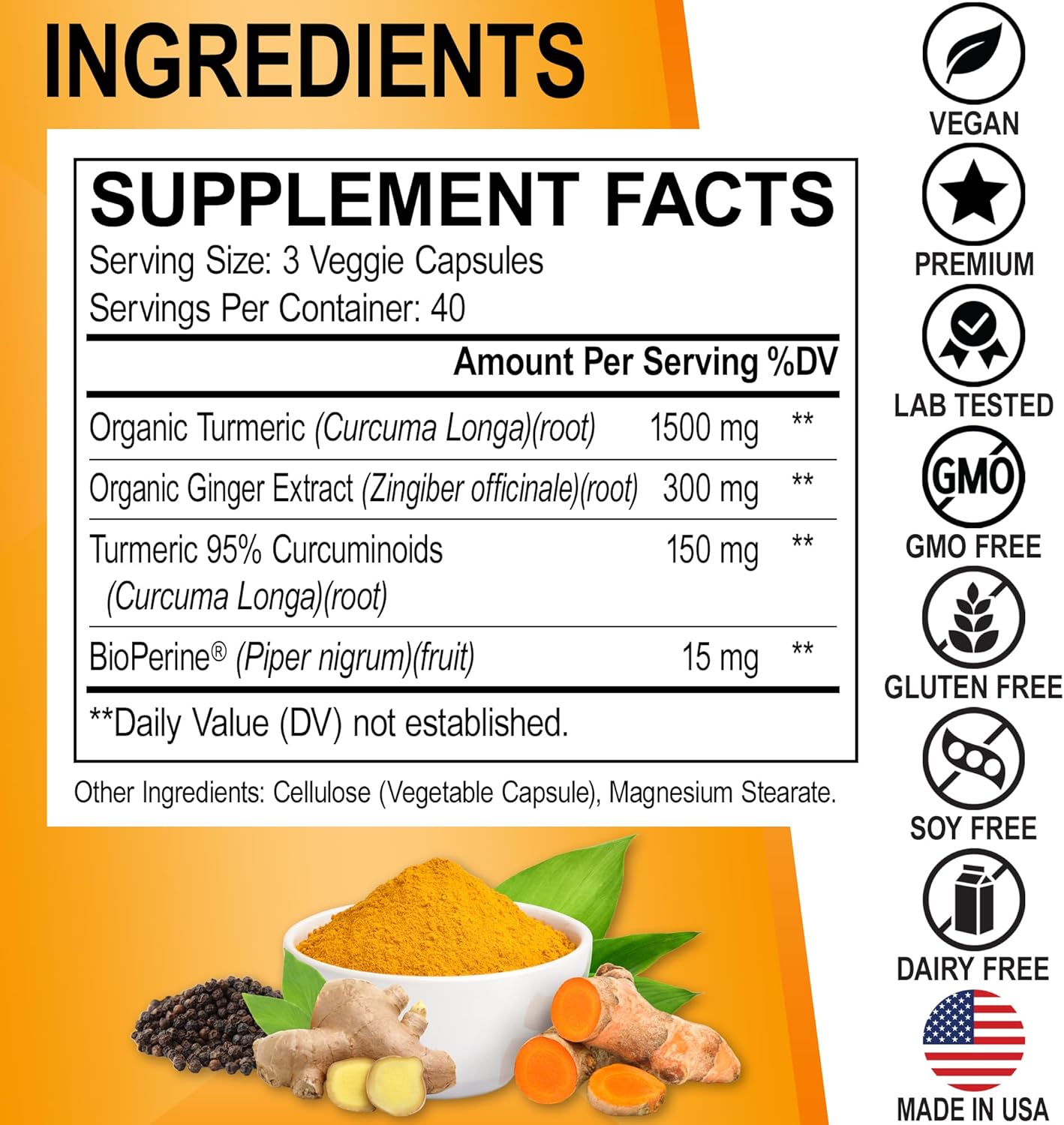 Organic Turmeric Curcumin & Ginger Supplement with BioPerine for Knee Support - 1950mg Capsules with Black Pepper - 120 Count