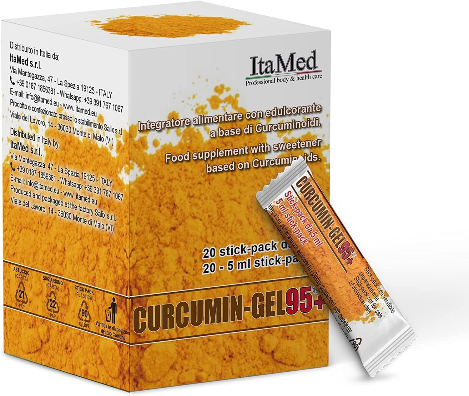 Organic Turmeric Curcumin Supplement Gel with HGC-C Complex - 95% Curcumin Powder - Enhanced Bioavailability - 20 Stick-Packs - ItaMed S.R.L.