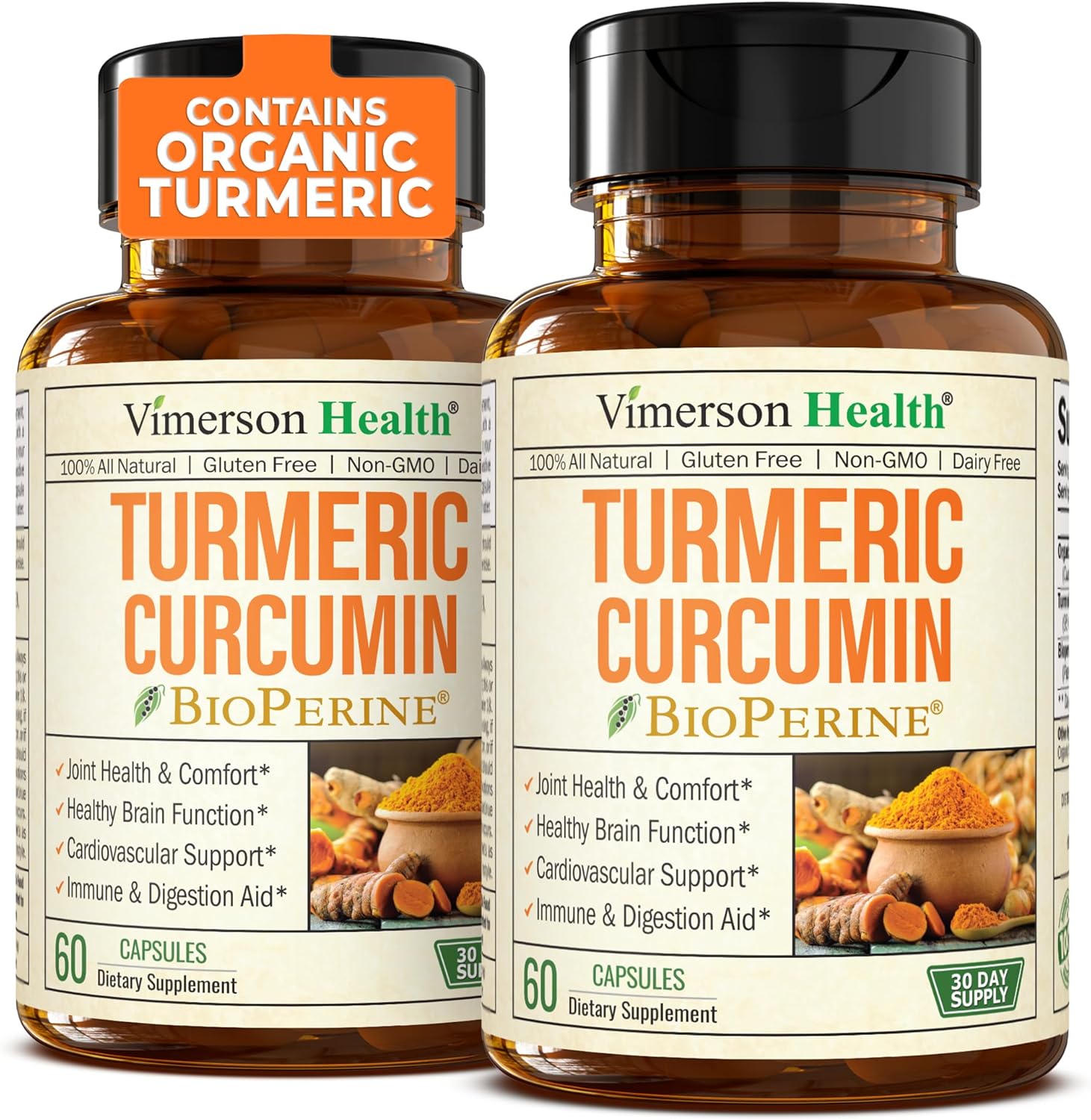 Organic Turmeric Curcumin Supplement with Bioperine for Joint Support - 1200mg Tumeric Root, 95% Curcuminoids, Non-GMO, Vegan - 2 Pack