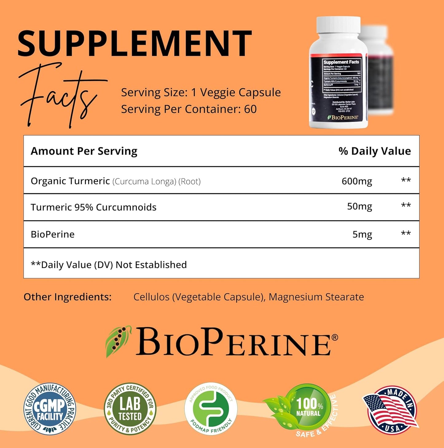 Organic Turmeric Curcumin Supplement with BioPerine for Daily Joint & Body Support - Vegan, Non GMO, Gluten Free - Extra Strength 1200mg
