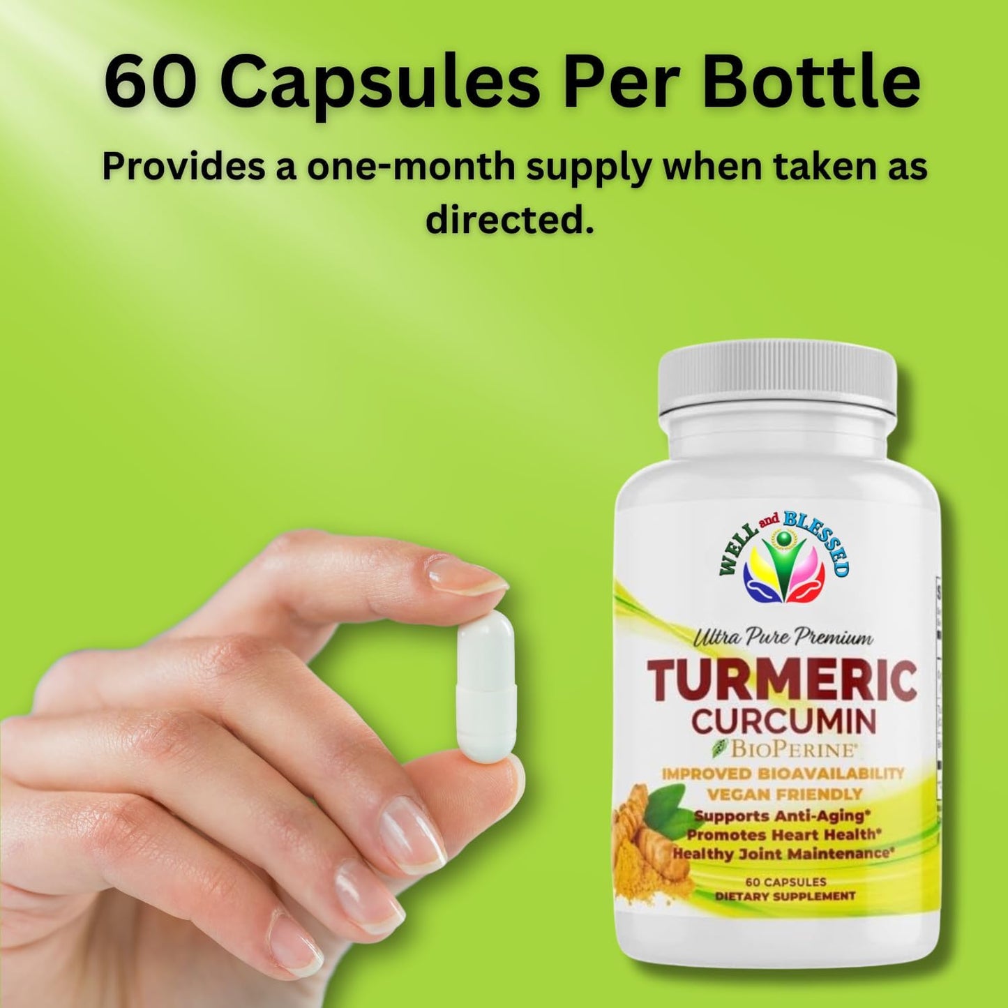Organic Turmeric Curcumin Supplement with BioPerine - 60 Capsules - Vegan Friendly - Enhanced Absorption for Daily Joint and Heart Support