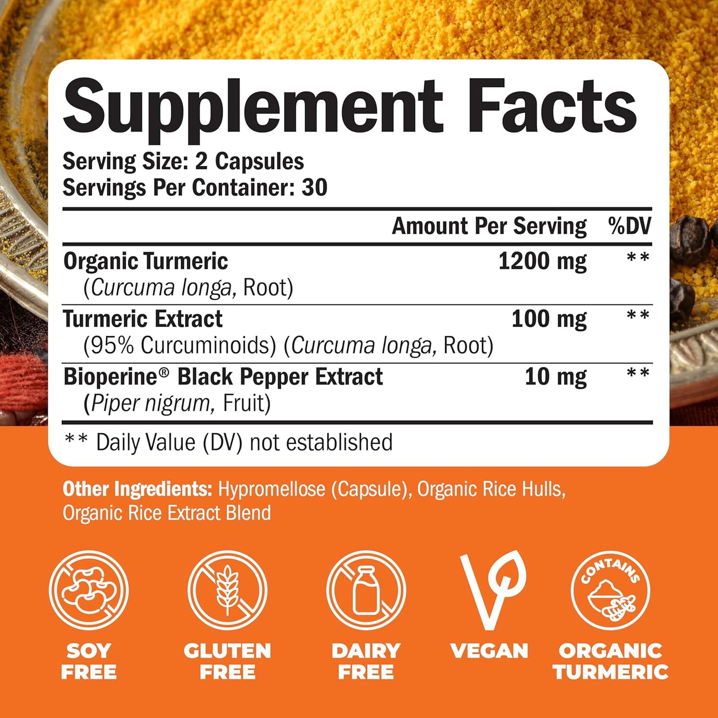 Organic Turmeric Curcumin Supplement with Bioperine for Joint Support - 1200mg Tumeric Root, 95% Curcuminoids, Non-GMO, Vegan - 2 Pack