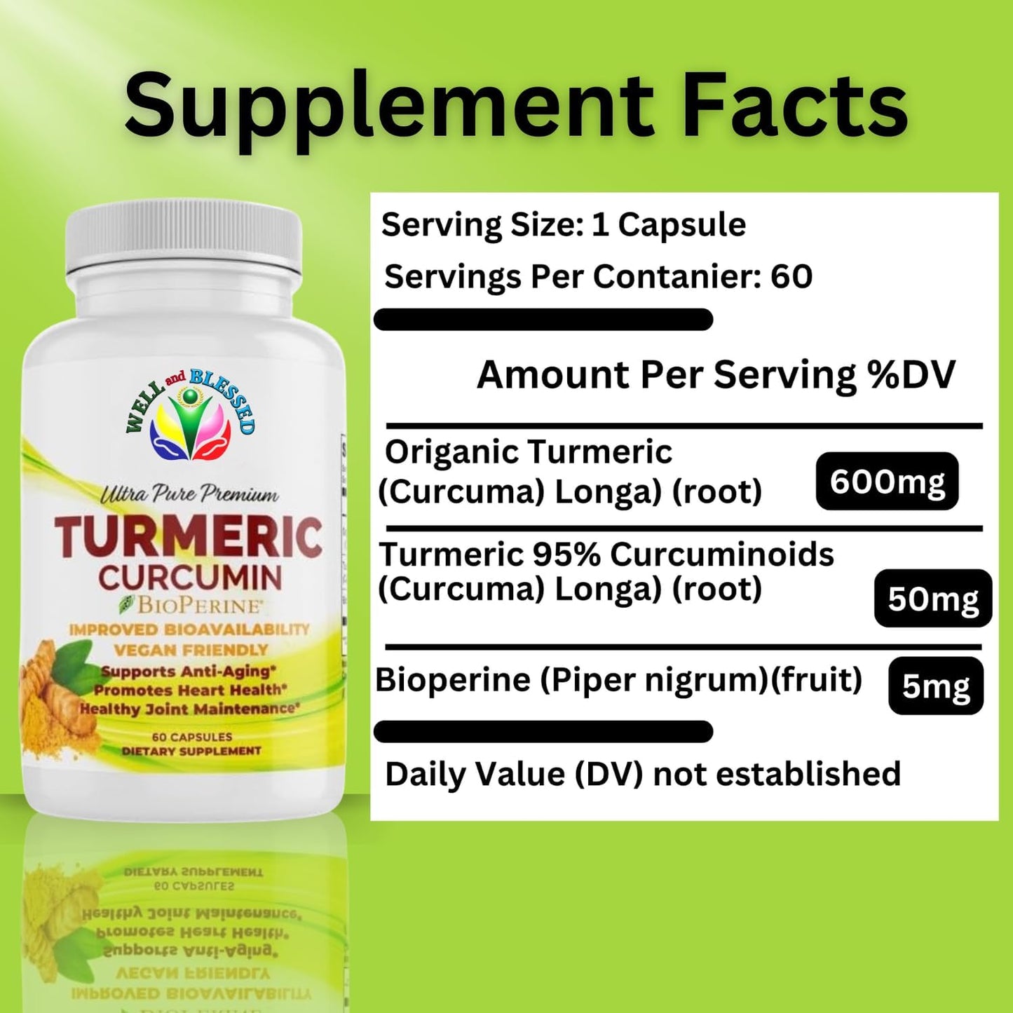 Organic Turmeric Curcumin Supplement with BioPerine - 60 Capsules - Vegan Friendly - Enhanced Absorption for Daily Joint and Heart Support