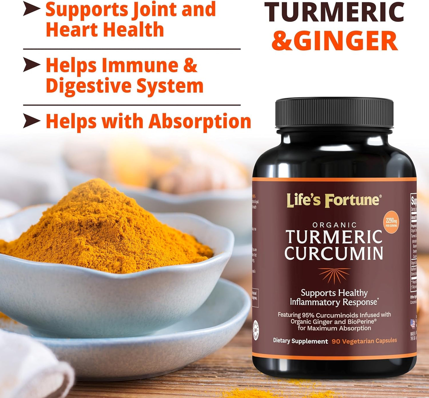 Organic Turmeric Curcumin Supplement with Black Pepper & Ginger, Enhanced Absorption for Joint & Immune Support - 180 Cap, 2250mg