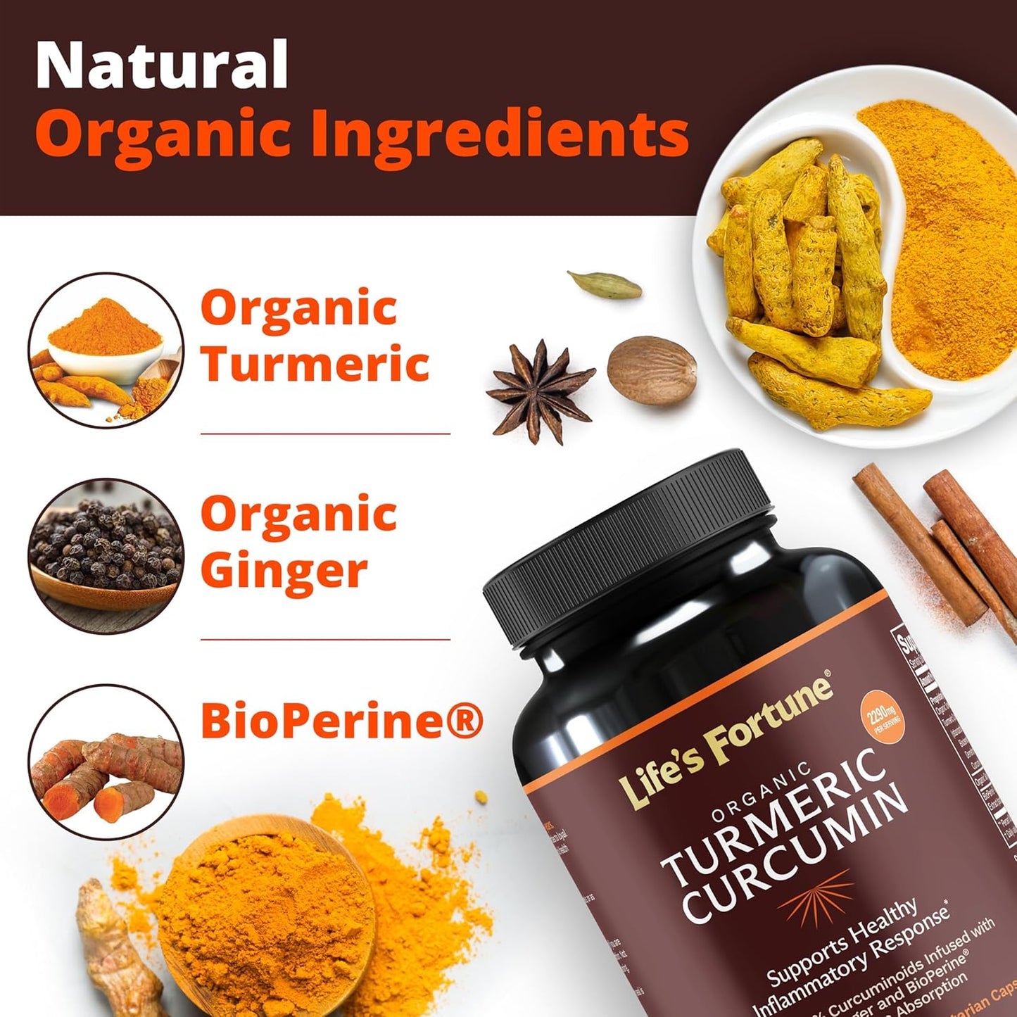 Organic Turmeric Curcumin Supplement with Black Pepper & Ginger, Enhanced Absorption for Joint & Immune Support - 180 Cap, 2250mg