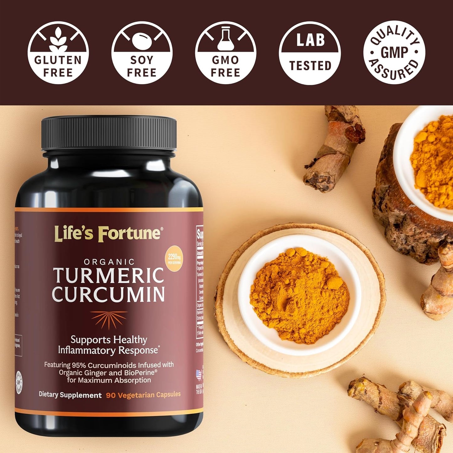 Organic Turmeric Curcumin Supplement with Black Pepper & Ginger, Enhanced Absorption for Joint & Immune Support - 180 Cap, 2250mg