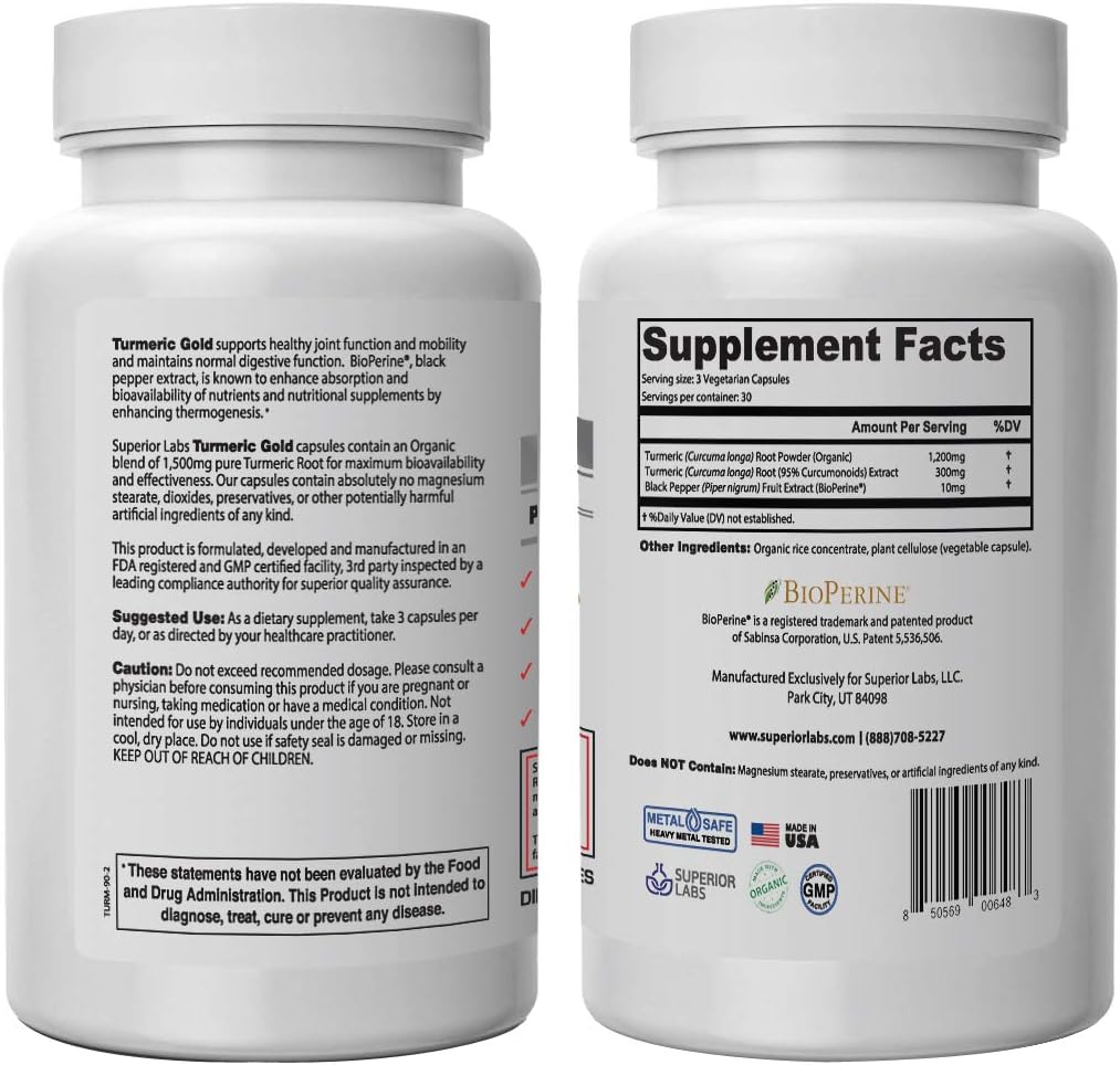 Organic Turmeric Curcumin with BioPerine - 1500mg Pure NonGMO Blend for Joints, Knees, Hips, Immune System - Superior Labs Formula with 95% Curcuminoids and Zero Synthetic Additives