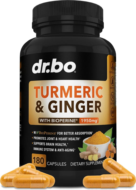 Organic Turmeric Curcumin with BioPerine & Ginger Capsules - 1950mg Knee Support Supplement with Black Pepper - 180 Pills - BoostGo Australia