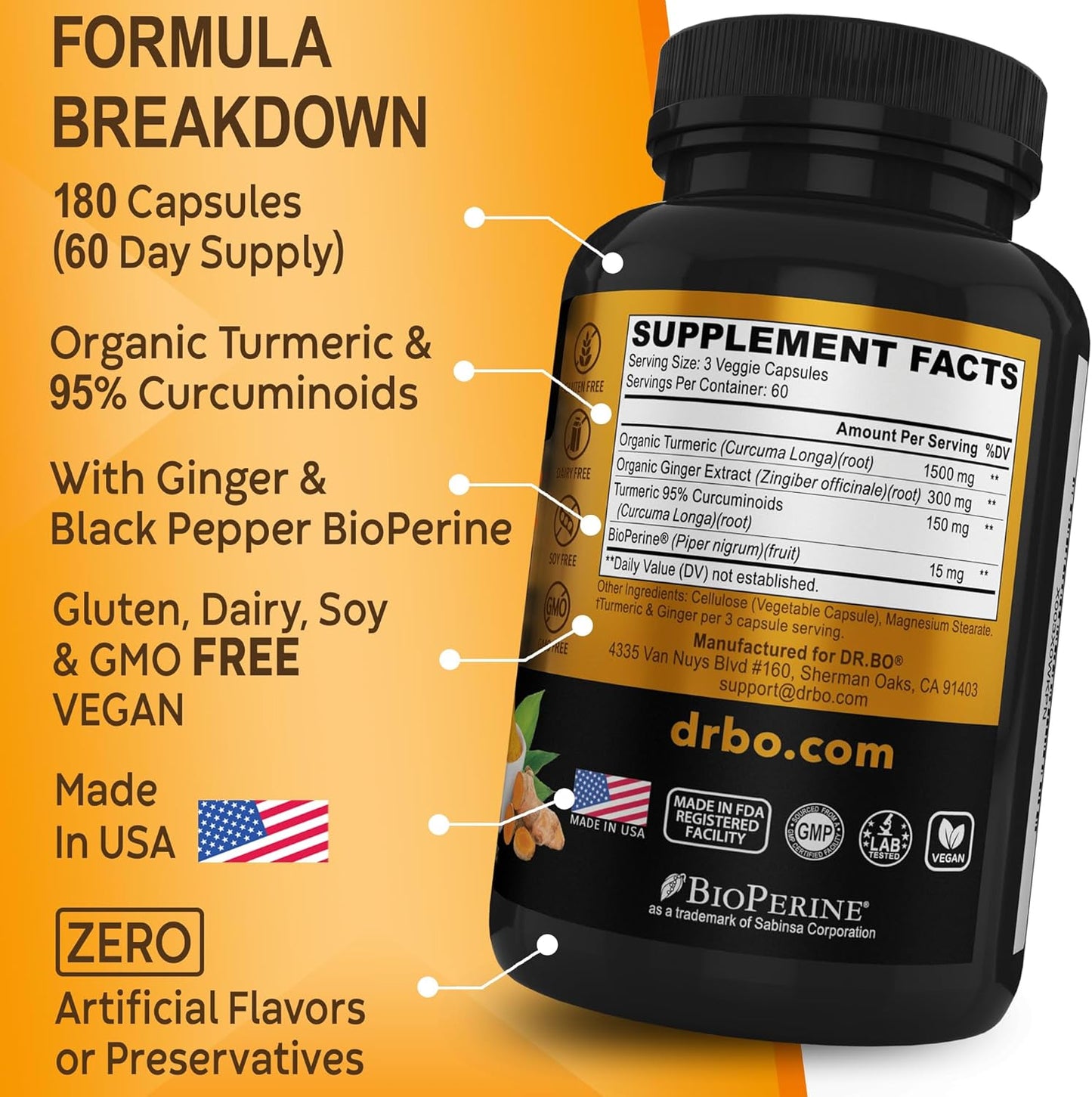 Organic Turmeric Curcumin with BioPerine & Ginger Capsules - 1950mg Knee Support Supplement with Black Pepper - 180 Pills - BoostGo Australia