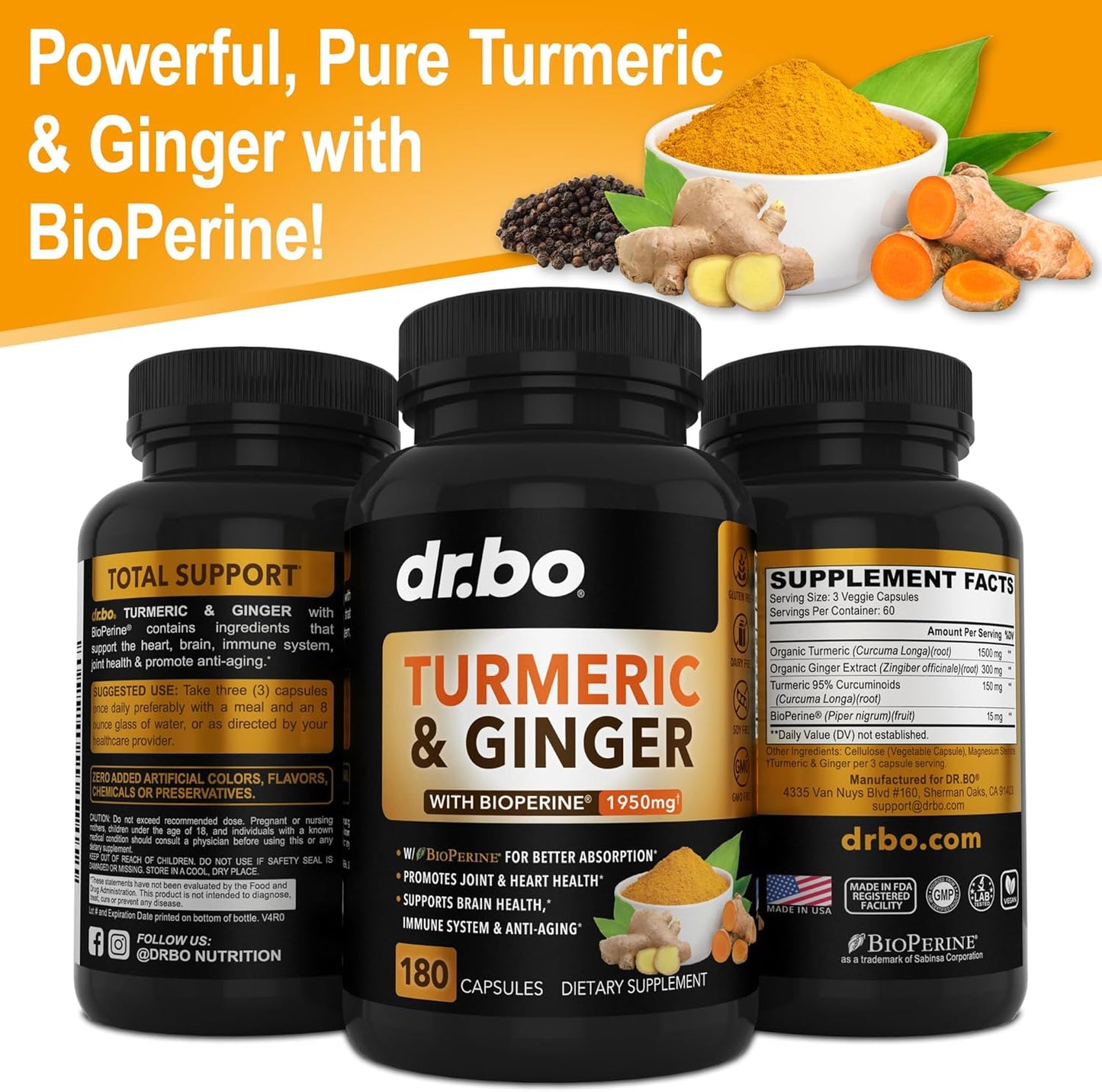 Organic Turmeric Curcumin with BioPerine & Ginger Capsules - 1950mg Knee Support Supplement with Black Pepper - 180 Pills - BoostGo Australia